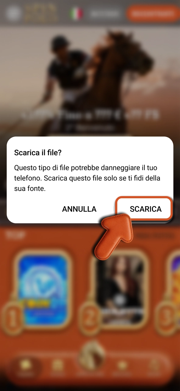 Accetta il download Spinpolo e conferma facilmente il file APK tramite il pop up del dispositivo.