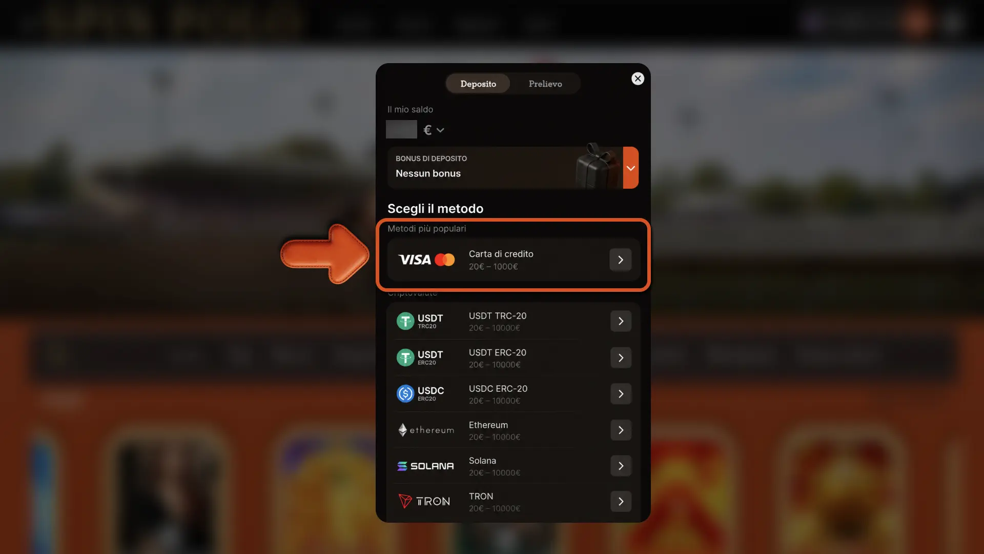 Seleziona Spinpolo e scegli il metodo di deposito più comodo.