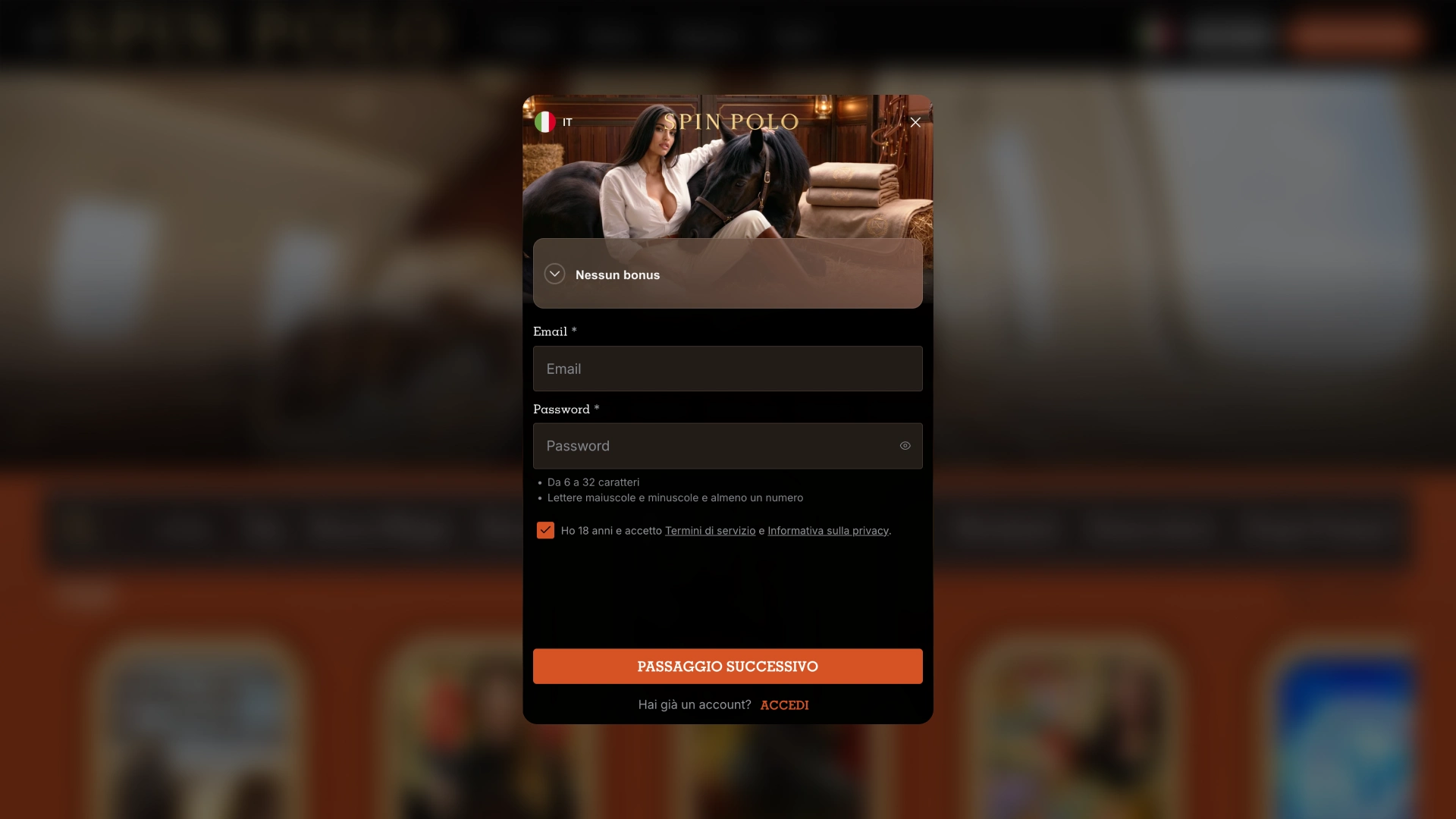 Completa la registrazione Spinpolo e crea facilmente un account sicuro per iniziare a giocare.