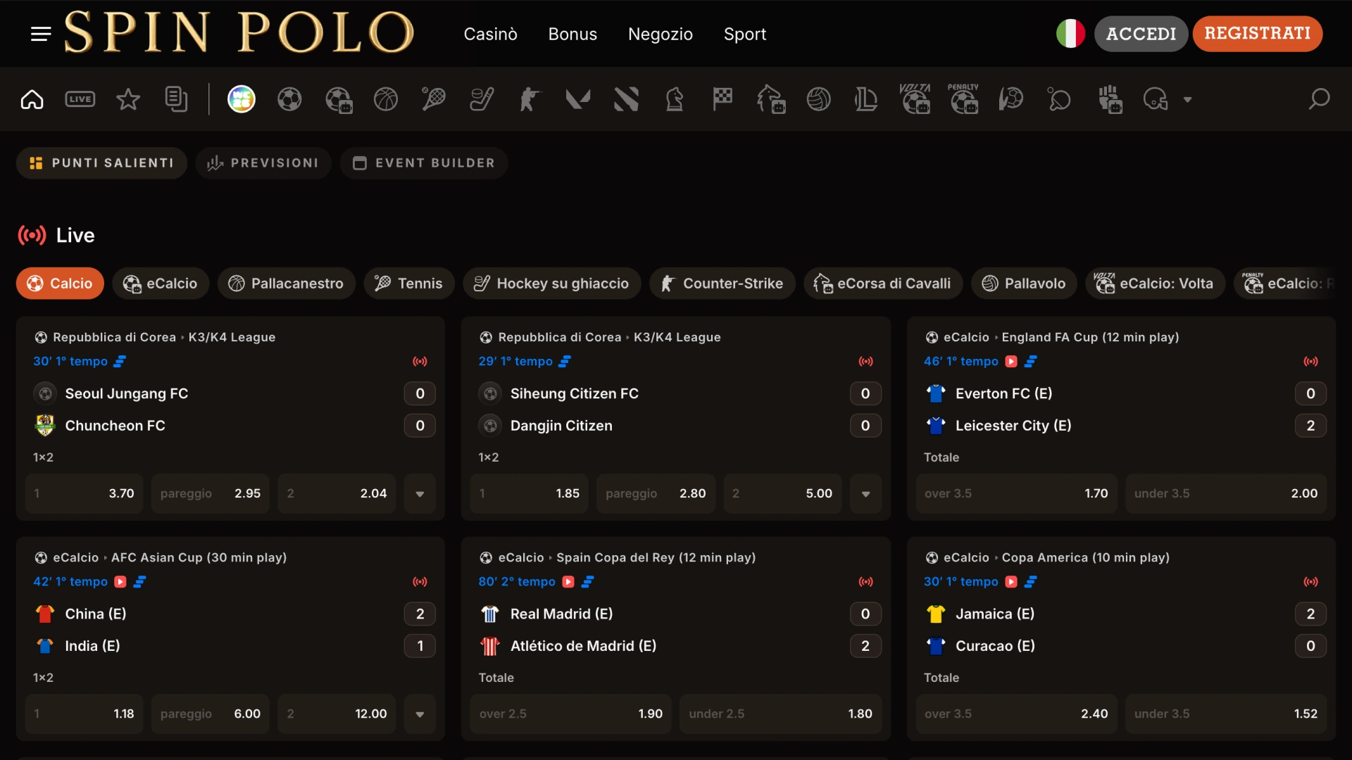 Segui lo sport su Spinpolo e approfitta di quote aggiornate per eventi nazionali e internazionali.