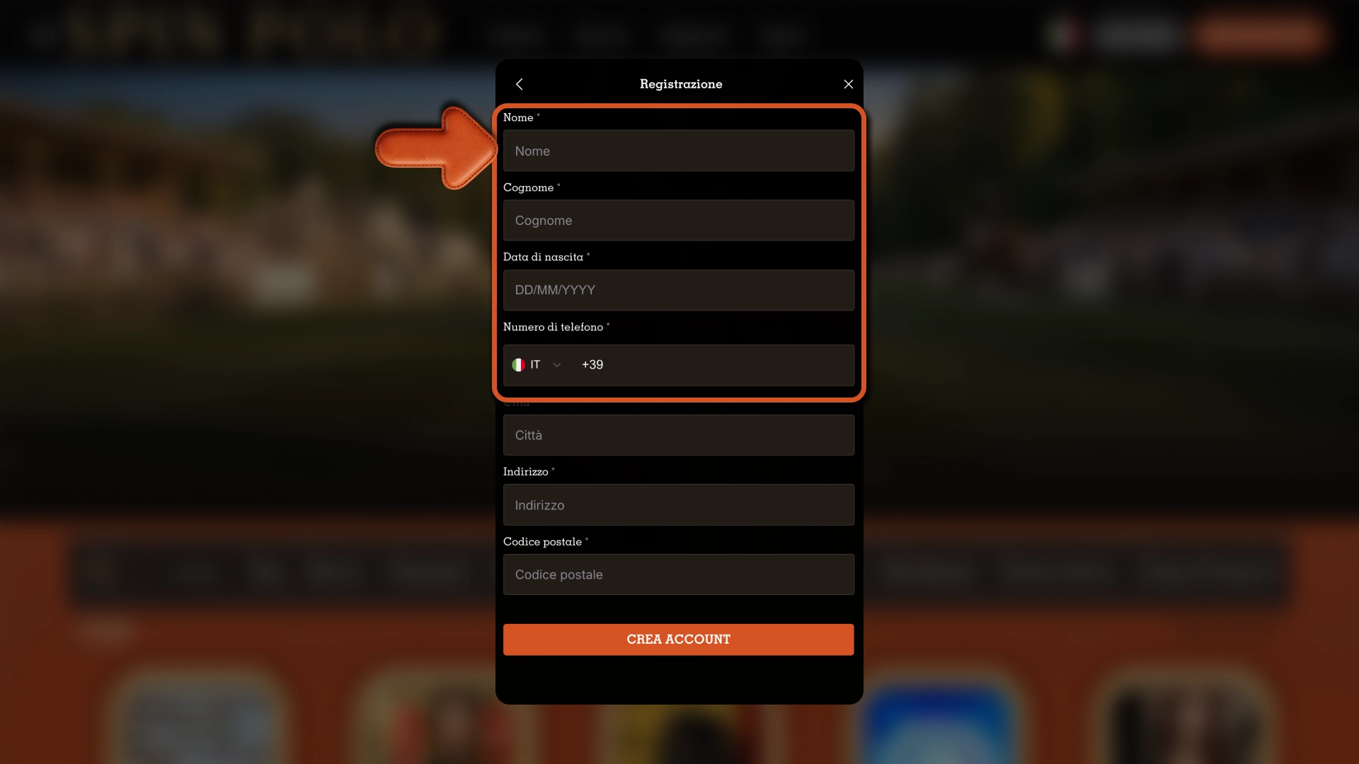 Compila il profilo Spinpolo e ottieni accesso sicuro al tuo account.